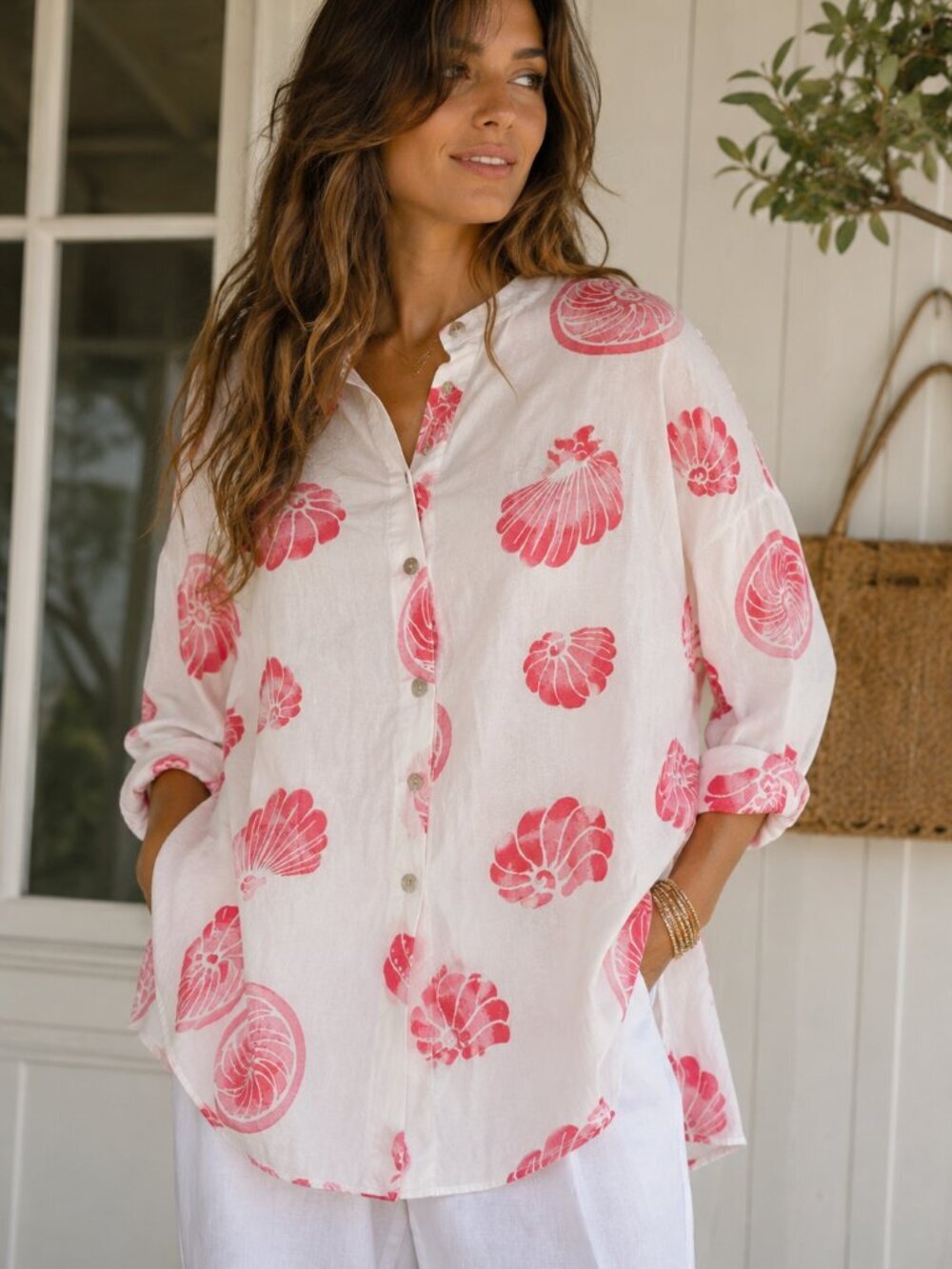 Vintage Peppermint Bay Seashell Print Tunic Blouse Medium Coastal Cottagecore